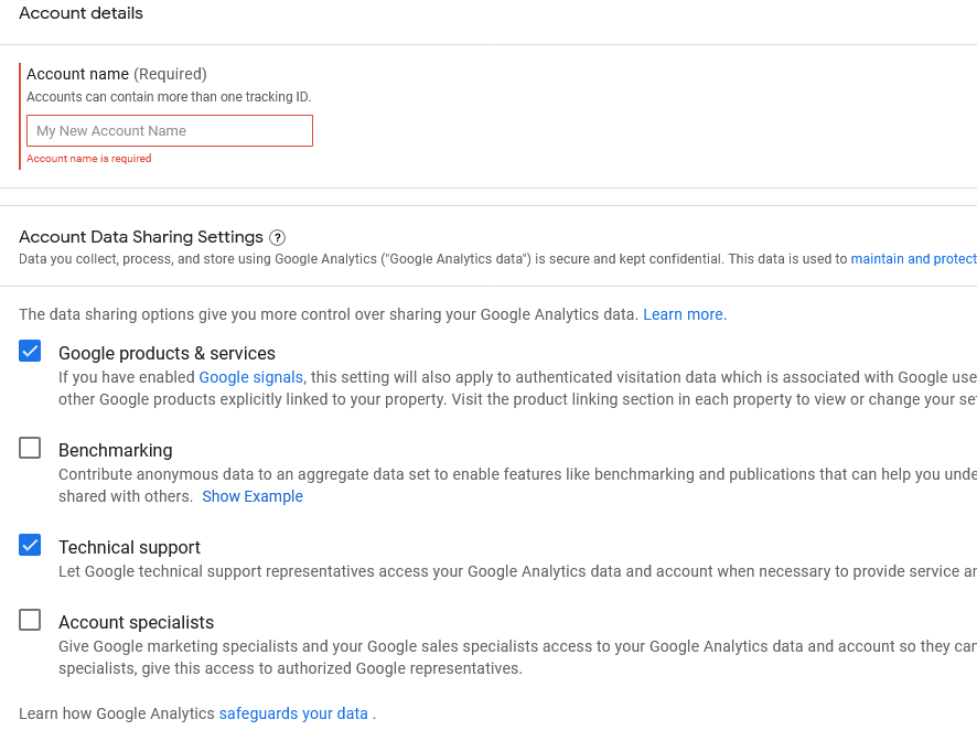 google analytics account data sharing settings
